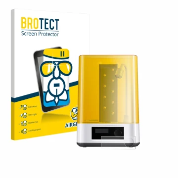 Front side of a product packaging with the brand logo BROTECT. Next to it is the device Anycubic Wash & Cure 3 shown with the 