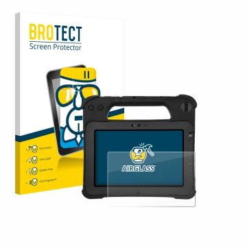 Front side of a product packaging with the brand logo BROTECT. Next to it is the device Zebra XPad L10ax shown with the corres