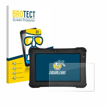 Front side of a product packaging with the brand logo BROTECT. Next to it is the device Zebra XSlate L10ax shown with the corr