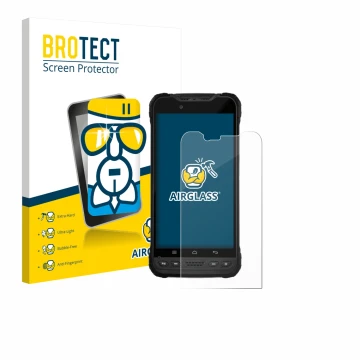 Front side of a product packaging with the brand logo BROTECT. Next to it is the device Zebra Xplore M60 shown with the corres