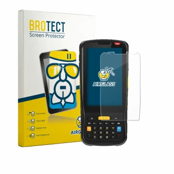 Front side of a product packaging with the brand logo BROTECT. Next to it is the device Newland MT65 Beluga V shown with the c