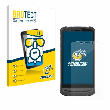 Front side of a product packaging with the brand logo BROTECT. Next to it is the device Newland MT9055 Orca III shown with the