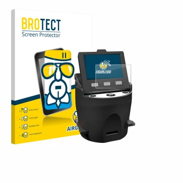 Front side of a product packaging with the brand logo BROTECT. Next to it is the device Kodak SCANZA shown with the correspond