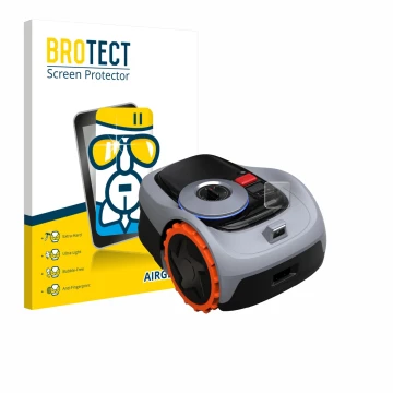 Front side of a product packaging with the brand logo BROTECT. Next to it is the device Navimow i105E+ shown with the correspo
