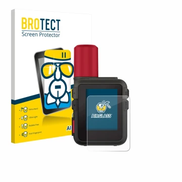 Front side of a product packaging with the brand logo BROTECT. Next to it is the device Garmin inReach Mini 3 Plus shown with 