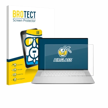 Front side of a product packaging with the brand logo BROTECT. Next to it is the device Dell 16 Premium Laptop shown with the 