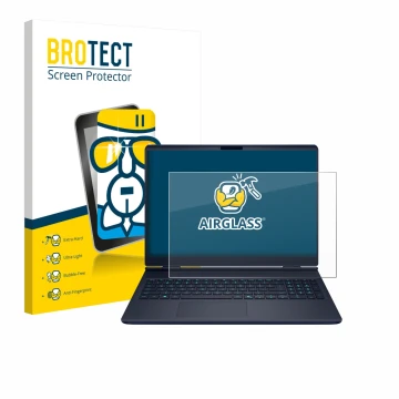 Front side of a product packaging with the brand logo BROTECT. Next to it is the device Dell Alienware 16X shown with the corr