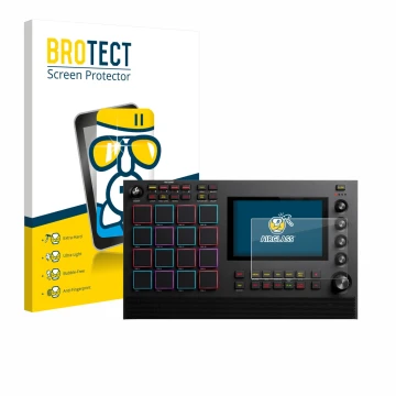Front side of a product packaging with the brand logo BROTECT. Next to it is the device Akai MPC Live III shown with the corre