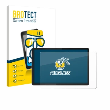 Front side of a product packaging with the brand logo BROTECT. Next to it is the device Lenovo Tab K12 ZAGJ0153SE shown with t