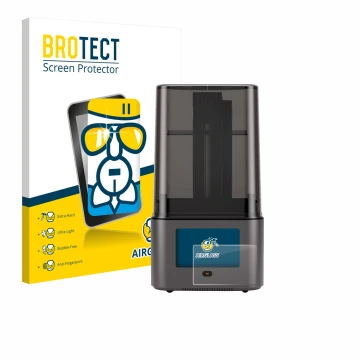 Front side of a product packaging with the brand logo BROTECT. Next to it is the device Anycubic Photon Mono 4 Ultra shown wit