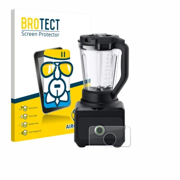 Front side of a product packaging with the brand logo BROTECT. Next to it is the device Braun PowerBlend 9 shown with the corr