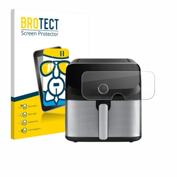 Front side of a product packaging with the brand logo BROTECT. Next to it is the device Tefal Easy Fry Mega shown with the cor