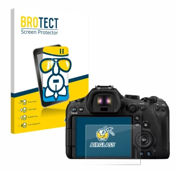 Front side of a product packaging with the brand logo BROTECT. Next to it is the device Canon EOS R6 Mark III shown with the c