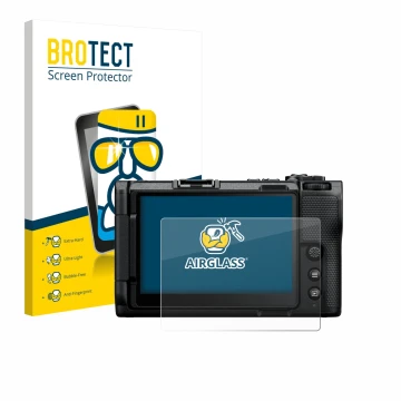 Front side of a product packaging with the brand logo BROTECT. Next to it is the device Nikon ZR 2025 shown with the correspon