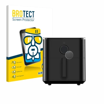 Front side of a product packaging with the brand logo BROTECT. Next to it is the device Xiaomi Air Fryer 6.5 L shown with the 