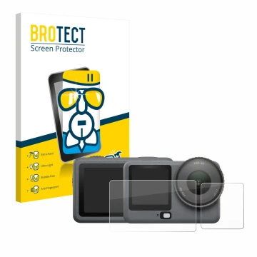 Front side of a product packaging with the brand logo BROTECT. Next to it is the device DJI Osmo Action 6 shown with the corre