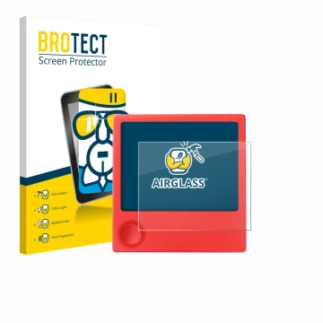 Front side of a product packaging with the brand logo BROTECT. Next to it is the device PicPak E-Ink Display shown with the co