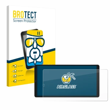 Front side of a product packaging with the brand logo BROTECT. Next to it is the device Shelly Wall Display X2i shown with the