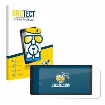 Front side of a product packaging with the brand logo BROTECT. Next to it is the device Shelly Wall Display X2 shown with the 
