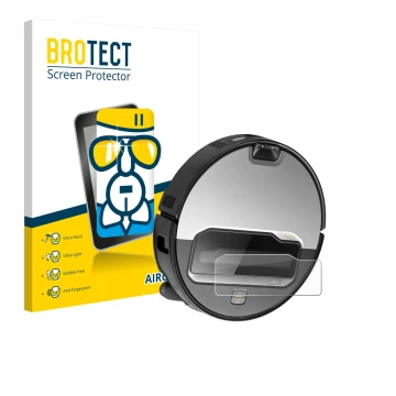 Front side of a product packaging with the brand logo BROTECT. Next to it is the device Roborock Saros Z70 shown with the corr