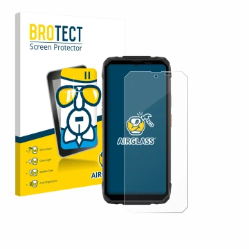 Front side of a product packaging with the brand logo BROTECT. Next to it is the device Blackview Rock 1 shown with the corres