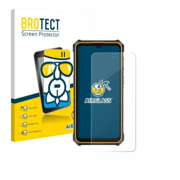 Front side of a product packaging with the brand logo BROTECT. Next to it is the device Ulefone RugKing 3 Pro shown with the c