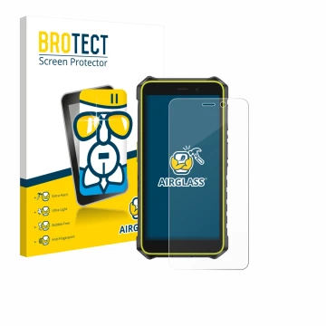 Front side of a product packaging with the brand logo BROTECT. Next to it is the device Ulefone RugKing 2 Pro shown with the c