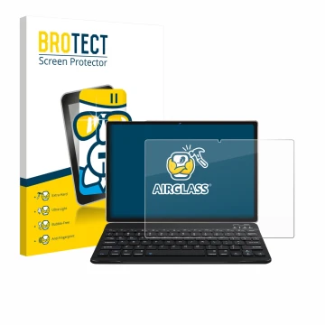 Front side of a product packaging with the brand logo BROTECT. Next to it is the device DEERTiME E9 10.1