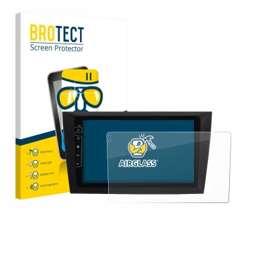 Front side of a product packaging with the brand logo BROTECT. Next to it is the device Dynavin D8-DF31 9