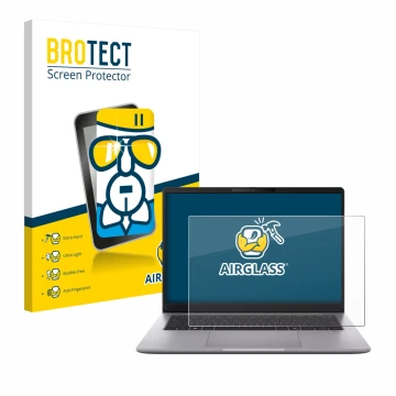 Front side of a product packaging with the brand logo BROTECT. Next to it is the device ASUS ExpertBook P3 G2 shown with the c
