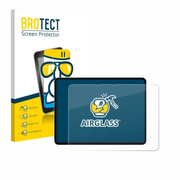 Front side of a product packaging with the brand logo BROTECT. Next to it is the device realme Pad 3 shown with the correspond