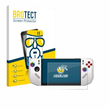 Front side of a product packaging with the brand logo BROTECT. Next to it is the device MSI Claw A8 BZ2EM shown with the corre