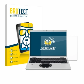 Front side of a product packaging with the brand logo BROTECT. Next to it is the device Panasonic CF-FV3 shown with the corres
