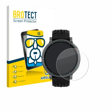 Front side of a product packaging with the brand logo BROTECT. Next to it is the device Amazfit Active Max shown with the corr