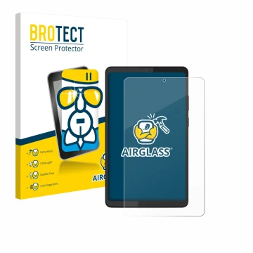 Front side of a product packaging with the brand logo BROTECT. Next to it is the device Lenovo Tab K9 shown with the correspon