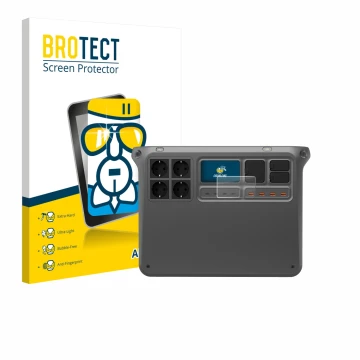Front side of a product packaging with the brand logo BROTECT. Next to it is the device DJI Power 2000 shown with the correspo
