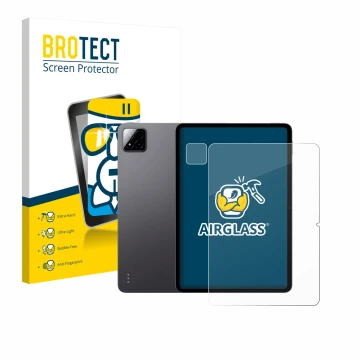 Front side of a product packaging with the brand logo BROTECT. Next to it is the device Xiaomi Pad 7 (Front+Camera) shown with