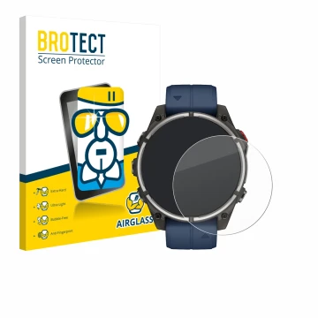Front side of a product packaging with the brand logo BROTECT. Next to it is the device Garmin quatix 8 Pro (47 mm) shown with