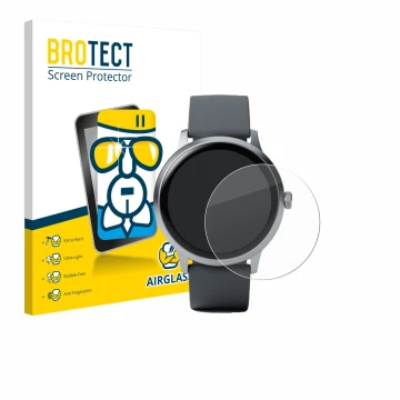 Front side of a product packaging with the brand logo BROTECT. Next to it is the device Pebble Round 2 shown with the correspo