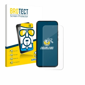 Front side of a product packaging with the brand logo BROTECT. Next to it is the device Motorola Moto G67 shown with the corre