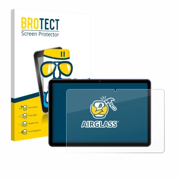 Front side of a product packaging with the brand logo BROTECT. Next to it is the device WOREGOO M283-EEA 10.1