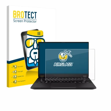 Front side of a product packaging with the brand logo BROTECT. Next to it is the device ASUS TUF Gaming A14 shown with the cor