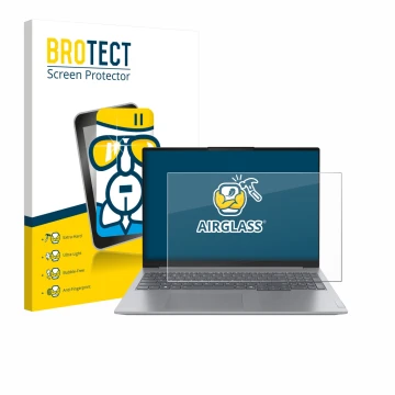 Front side of a product packaging with the brand logo BROTECT. Next to it is the device Lenovo ThinkBook 16 Gen 7+ shown with 