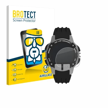 Front side of a product packaging with the brand logo BROTECT. Next to it is the device Timex Ironman TW5M63200 shown with the