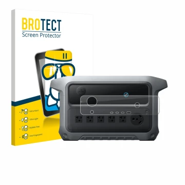 Front side of a product packaging with the brand logo BROTECT. Next to it is the device Anker SOLIX C2000 Gen 2 shown with the