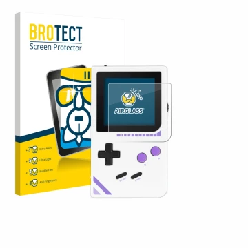 Front side of a product packaging with the brand logo BROTECT. Next to it is the device Modretro Chromatic shown with the corr