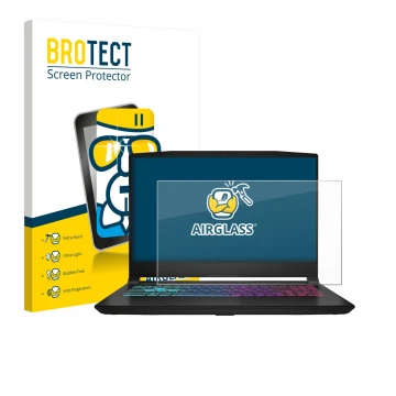 Front side of a product packaging with the brand logo BROTECT. Next to it is the device MSI Katana 15 HX B14 shown with the co