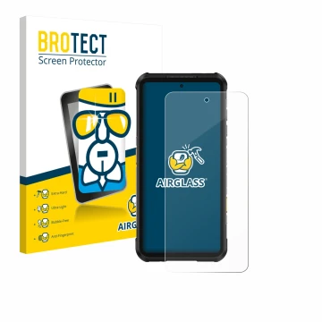 Front side of a product packaging with the brand logo BROTECT. Next to it is the device Ulefone RugOne Xever 7 Pro shown with 