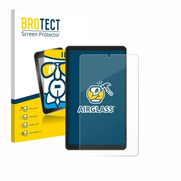 Front side of a product packaging with the brand logo BROTECT. Next to it is the device Chuwi AuPad Mini shown with the corres