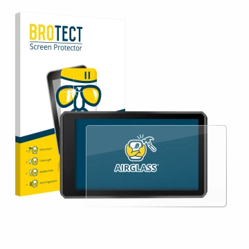 Front side of a product packaging with the brand logo BROTECT. Next to it is the device Garmin zumo XT3 4.7